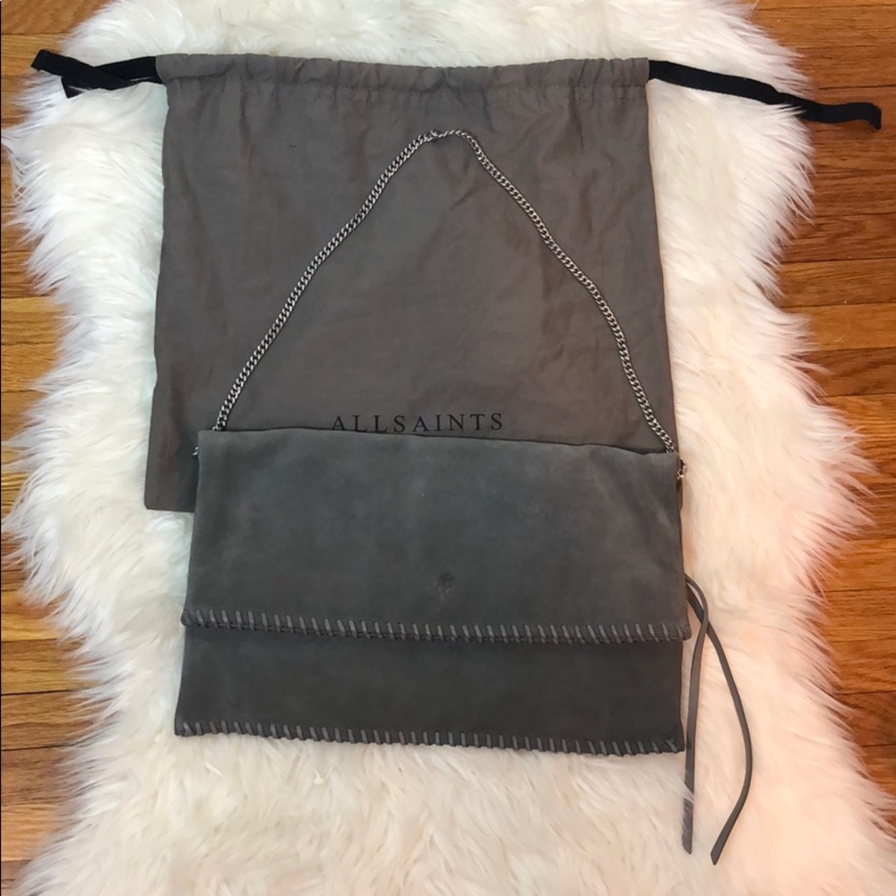 All Saints Grey Suede Fold Over Chain Shoulder Bag